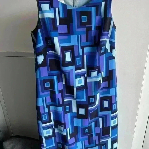 Vintage Allure 90s Blue Purple Geometric Square Abstract Sleeveless Dress 8 - Picture 5 of 17